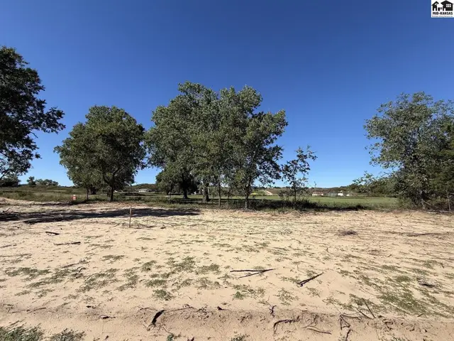 Expansive cleared lot with mature trees and distant homes under a clear blue sky.