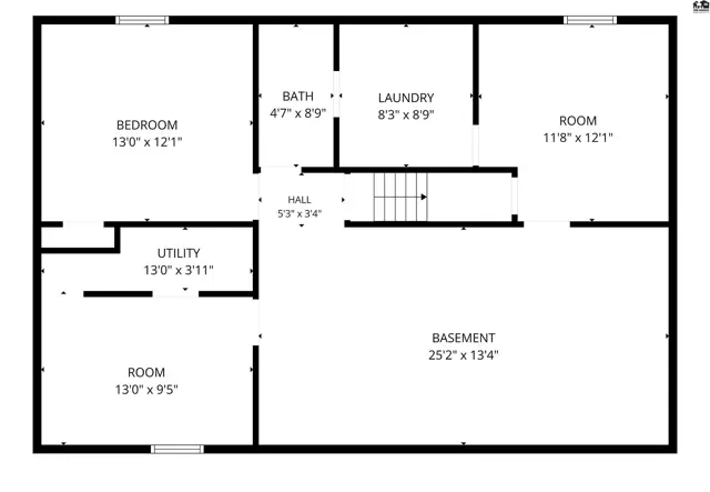 This floor plan shows a basement with a bedroom, two rooms, a utility area, and a laundry room.