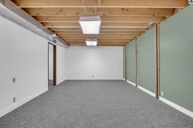 This unfinished basement features carpeted floors, white walls, and exposed wooden ceiling joists.