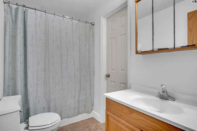 This bathroom features a white toilet, a vanity with a sink, and a shower with a patterned curtain.
