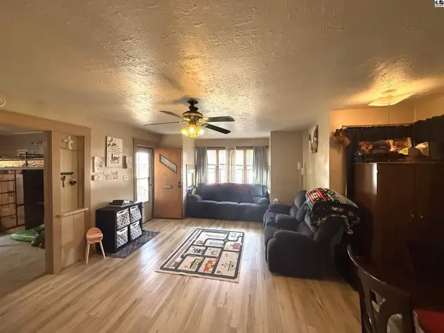 Spacious living room with wood-look flooring, a ceiling fan, and large windows.