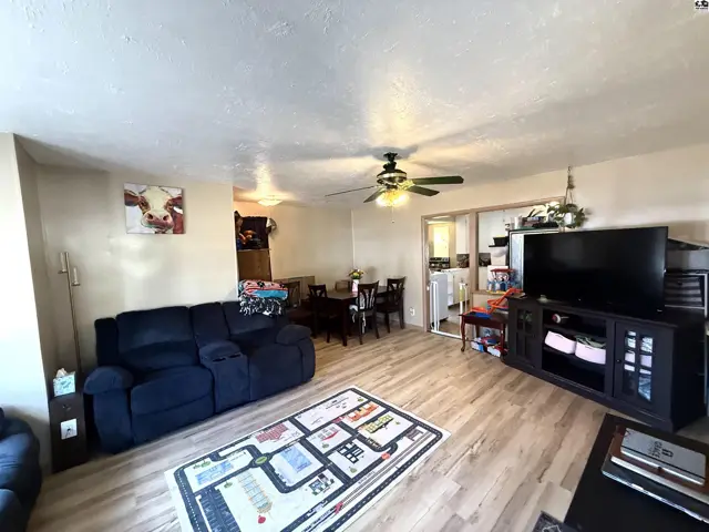 Living area with a navy sofa, wood-look flooring, and a ceiling fan.