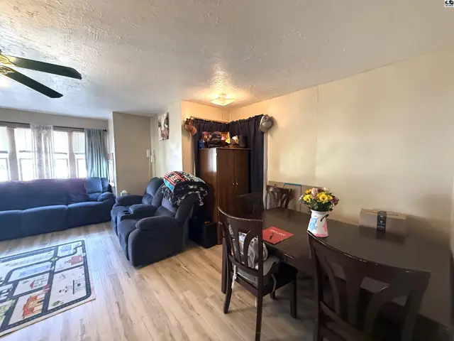 Living and dining areas feature wood-look flooring, a ceiling fan, and a dark wood dining set.