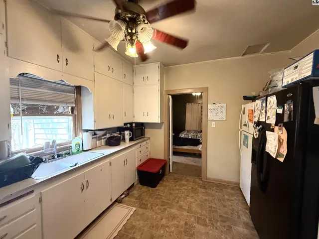 Kitchen features white cabinets, a double sink, and a ceiling fan.