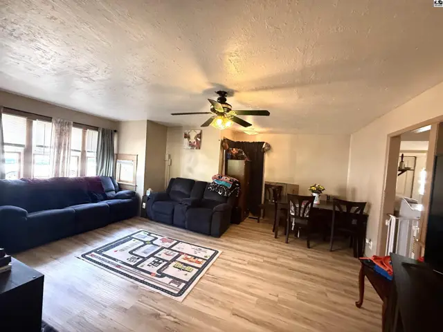 Living room with light wood floors, a ceiling fan, and a rug.