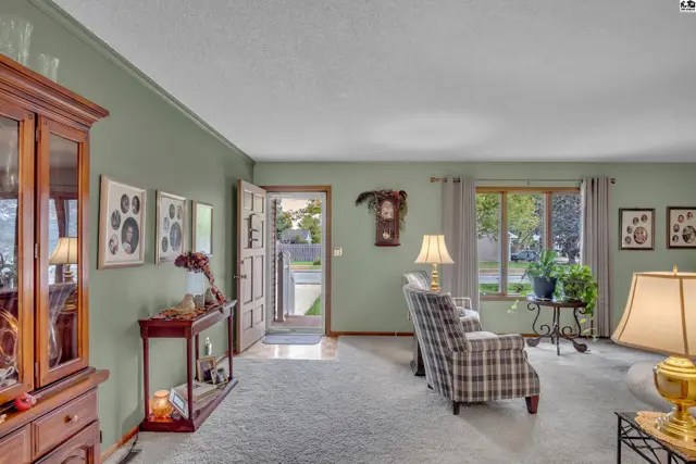 Spacious living room with a fireplace, large windows, and neutral carpet.