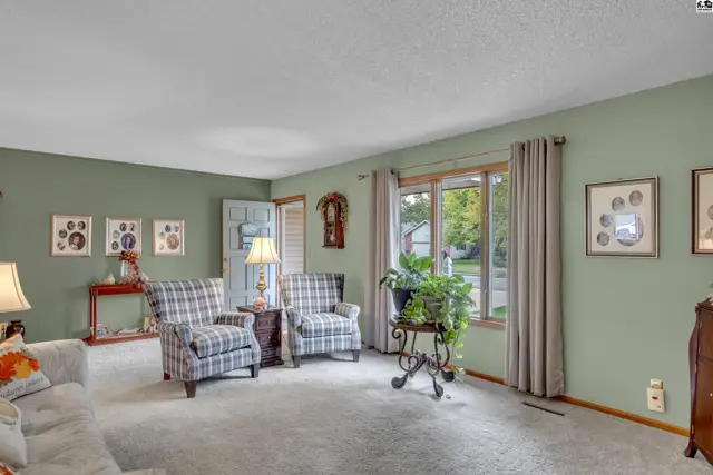 Spacious living room with carpet, light green walls, and a large window.