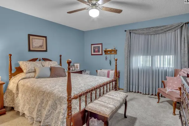 This bedroom features a wooden bed frame, plush carpeting, and a ceiling fan.