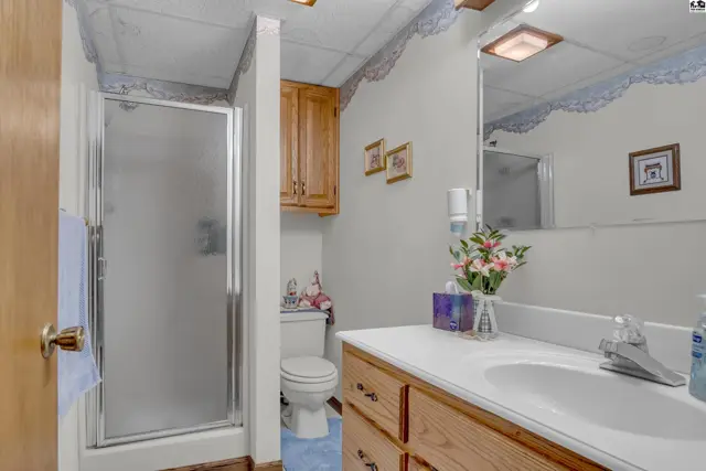 This bathroom features a glass-enclosed shower, a toilet, and a vanity with wooden cabinets.