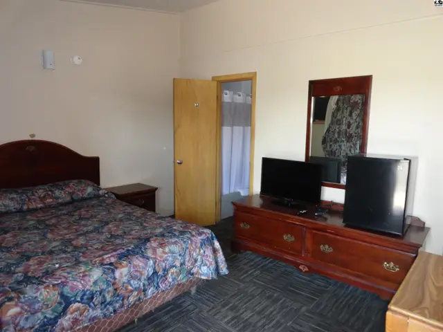This room features a bed, dresser, television, mini-fridge, and an adjoining bathroom.