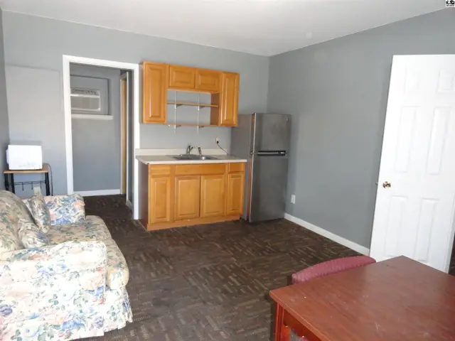 This studio apartment features a kitchenette, a sofa, and a dining table.