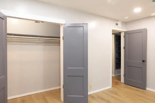 This room features light wood-look flooring, neutral walls, and gray paneled doors.