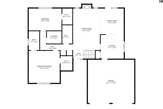 This floor plan shows a primary bedroom, two additional bedrooms, a living room, dining area, kitchen, and laundry room.