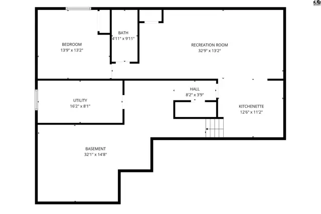 This floor plan shows a basement with a bedroom, bathroom, kitchenette, and recreation room.