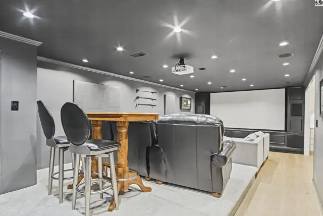 This room features a projector, large screen, bar seating, and a leather sofa.