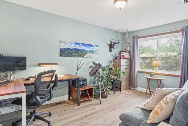 This room features a desk, chair, filing cabinet, and a large window with a view.