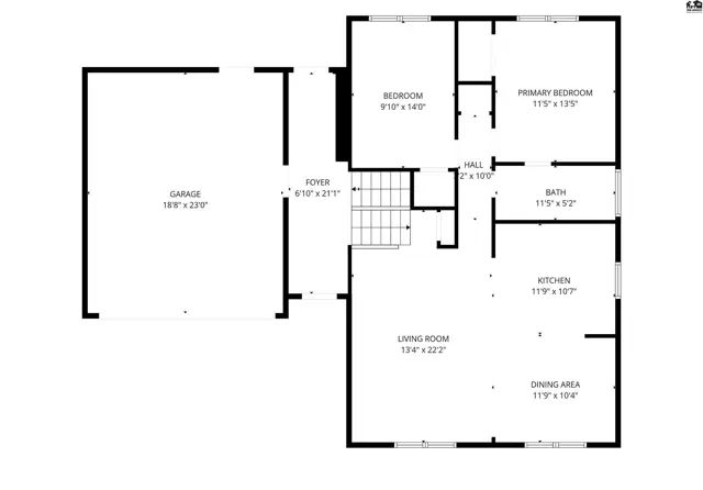 This floor plan shows a living room, dining area, kitchen, primary bedroom, bedroom, bath, and garage.