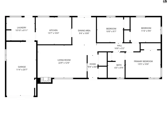 This floor plan shows a living room, kitchen, dining area, four bedrooms, and two bathrooms.
