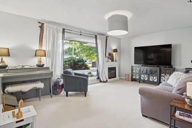Living room features a fireplace, large window, and plush carpeting.