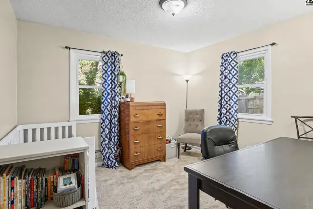 This room features carpeted floors, two windows with patterned curtains, and a ceiling light fixture.