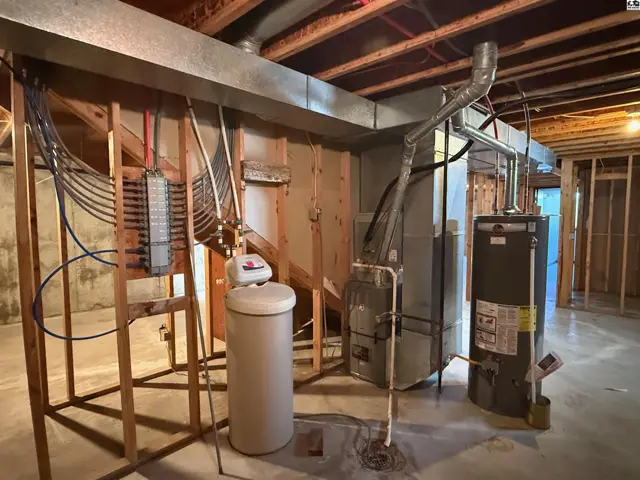 Unfinished basement features wood framing, water heater, furnace, and electrical panel.