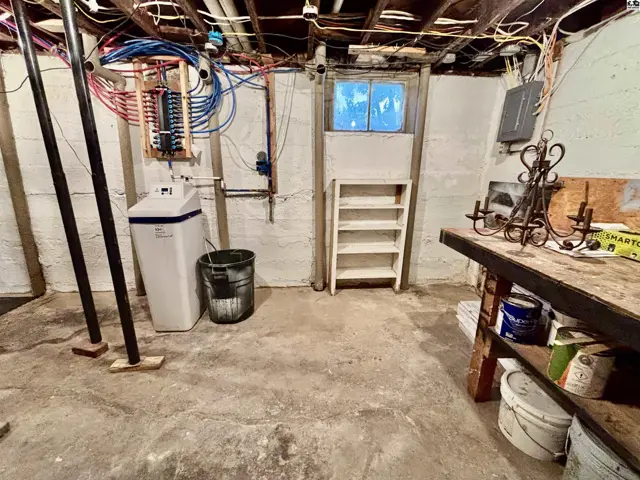 Concrete floor and walls with exposed ceiling joists, electrical panel, water softener, and shelving unit.