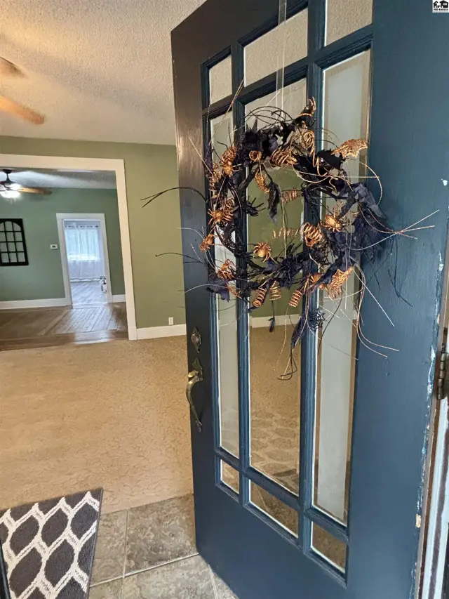 Dark blue front door with glass panes opens to a hallway with carpet and adjacent rooms.