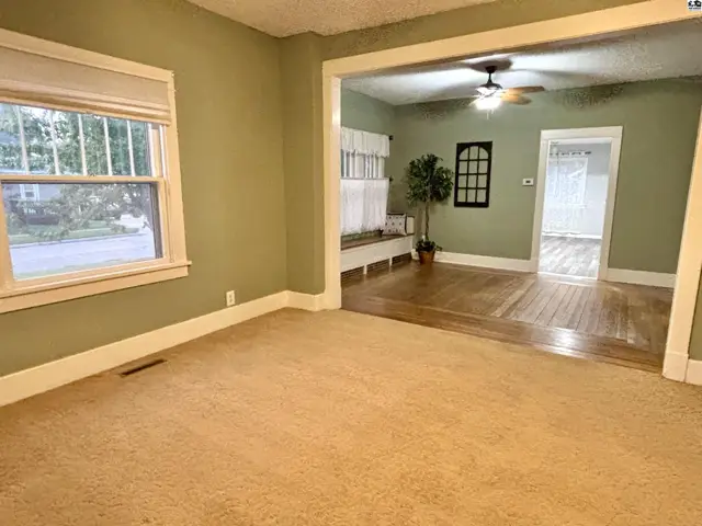 Carpeted living room opens to a room with hardwood floors and a ceiling fan.
