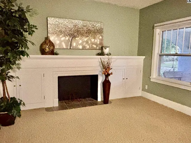 This room features a white built-in fireplace with storage cabinets and a large window.