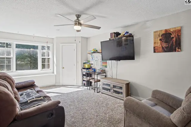 Living room features a ceiling fan, large windows, and plush carpeting.