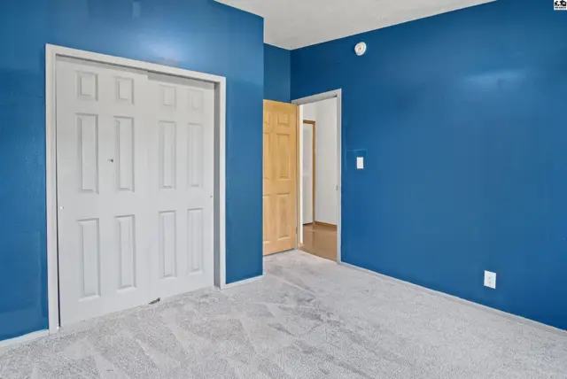 This room features bright blue walls, plush carpeting, and a double-door closet.
