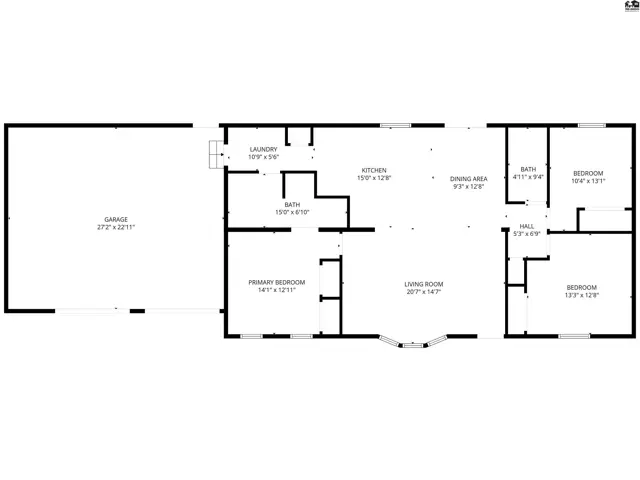 This home features a living room, dining area, kitchen, three bedrooms, and two bathrooms.
