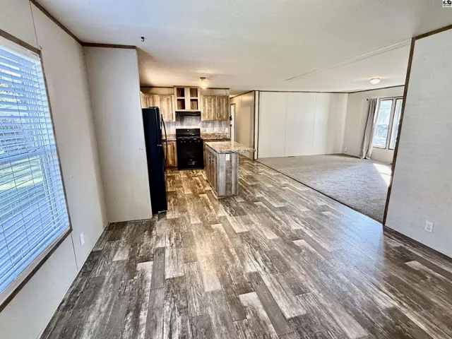 Spacious open-concept living area with wood-look flooring and carpeted sections.