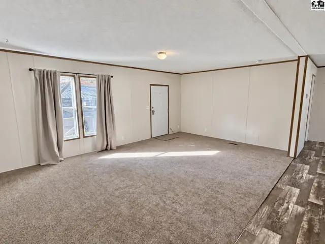 Carpeted living area with large windows, neutral walls, and wood-look flooring.