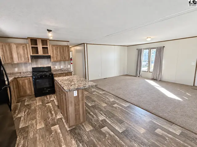 Open-concept living area with a kitchen featuring wood-look flooring and a carpeted living space.