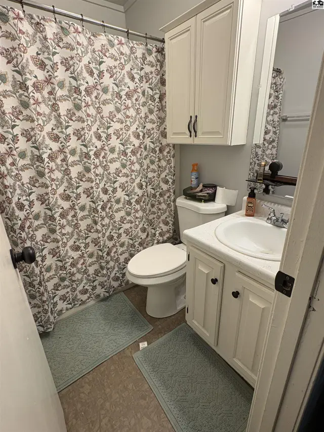 This bathroom features a toilet, vanity with sink, and a shower with a floral curtain.
