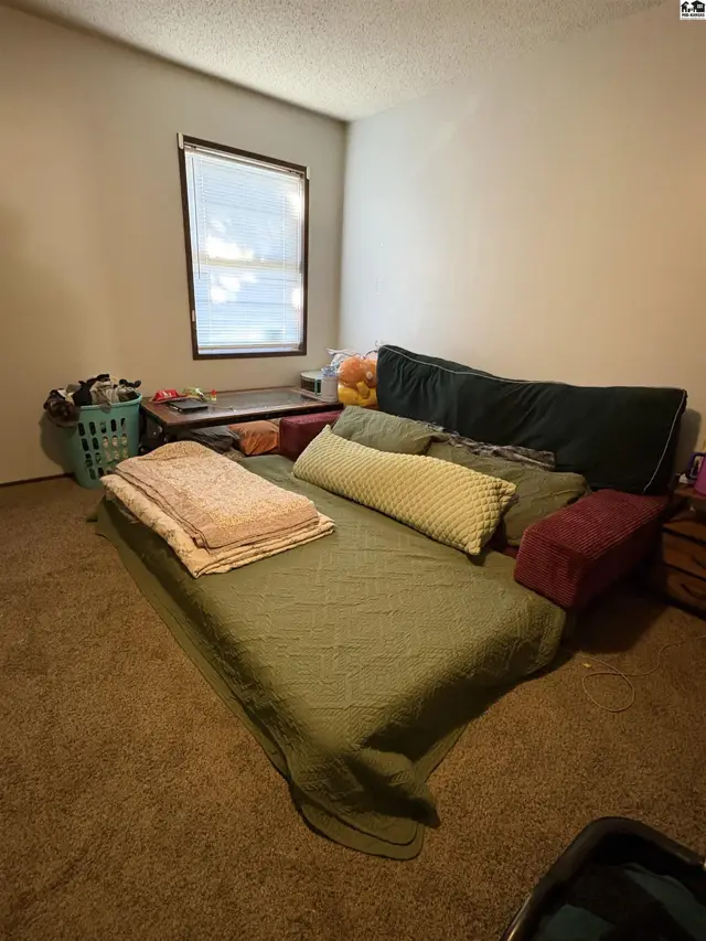 Carpeted room features a futon, blankets, and a window with blinds.