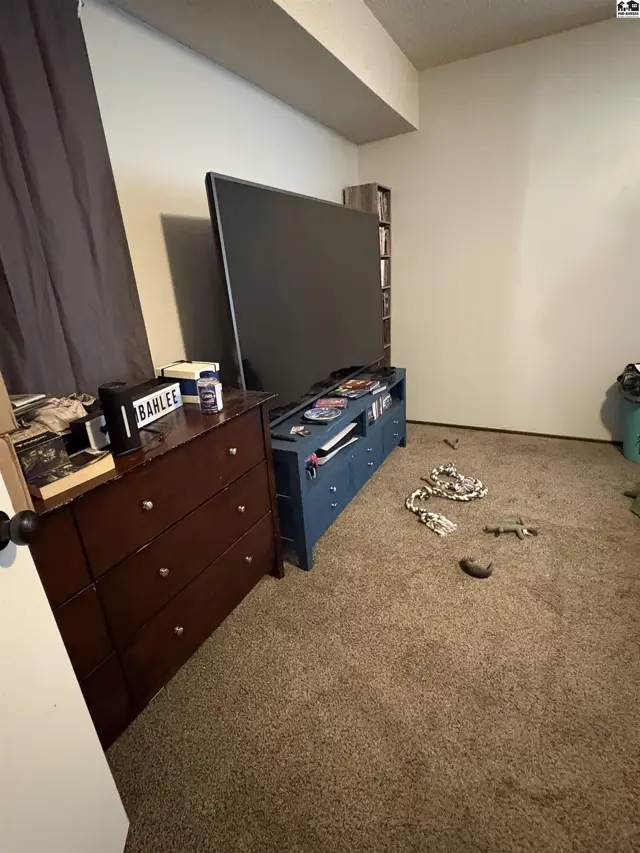Carpeted room with a dresser, media console, and large television.